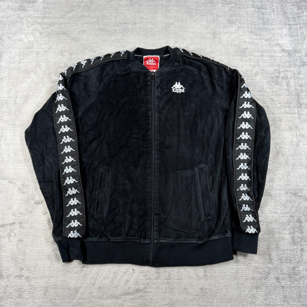 Kappa Jacket Mens Small Black Velour Track Logo Tape Full Zip Streetwear Sport